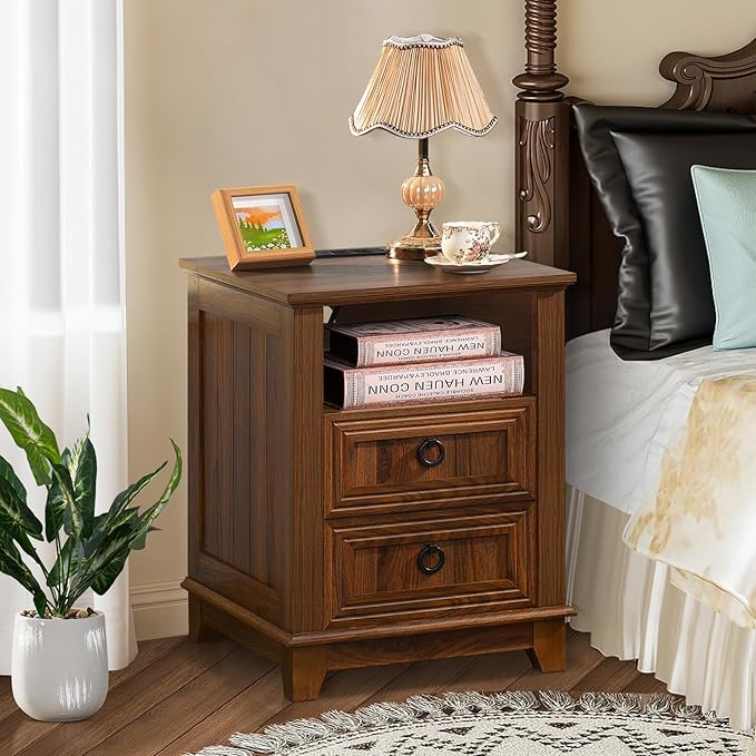18" Farmhouse Night Stands Set of 2 with Charging Station, 2 Drawers End Table Dresser for Bedroom, Brown Wooden Nightstand, Bed Side Table with Open Shelf, Bedside Cabinet for Living Room-CasaMuseHome