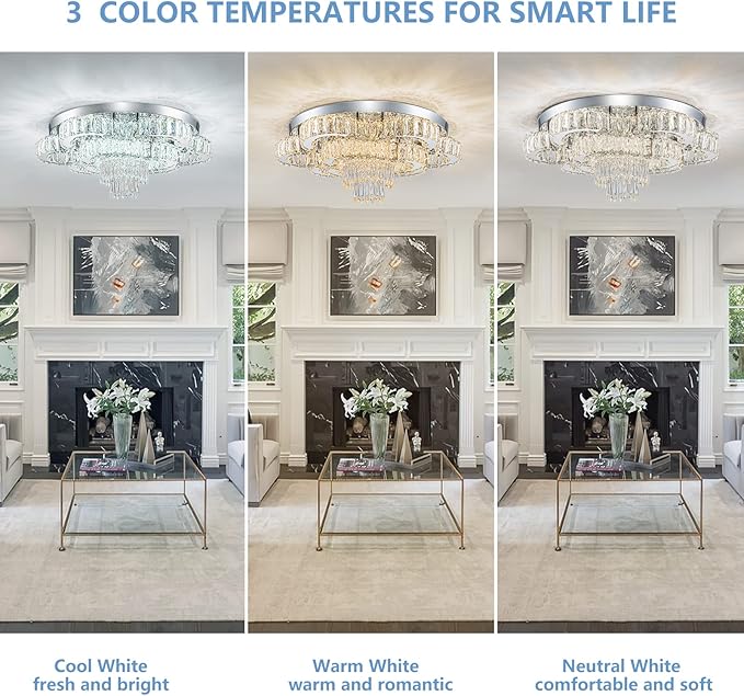 21 Inch Crystal Chandeliers with Remote Control LED Chandelier Modern Mount Flush Mount Chandelier Ceiling Light Fixtures for Bedroom Living Room Dining Room(Dimmable)-CasaMuseHome