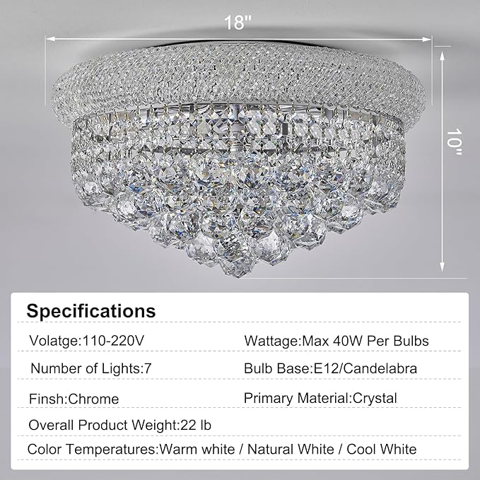 7-Light Crystal Flush Mount Chandelier Ceiling Light Fixture for Living Room Dining Room Bedroom Foyer Entryway Hallway Closet Bathroom (Chrome D18)-CasaMuseHome