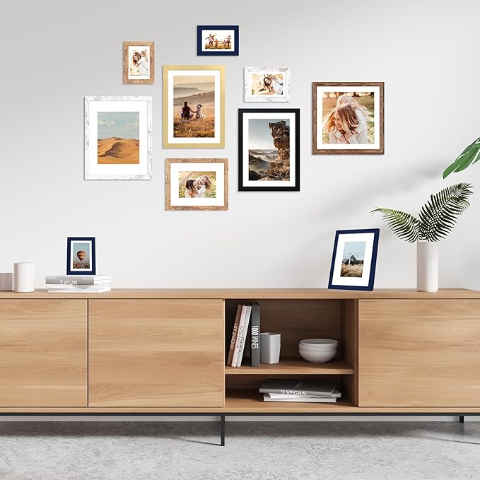 5x7 Picture Frame Set of 4, 5 x 7 Wood Photo Frames with Mat for 4x6, Natural Wooden Frame with Real Glass Cover for Wall and Tabletop Display,Brown-CasaMuseHome