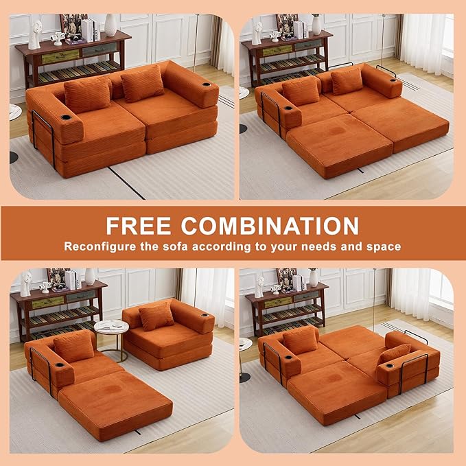 78" W Loveseat Sofa, 4 in 1 Convertible Floor Sofa Bed, Boneless Cloud Couch with Cup Holder, Fold Out Floor Couch, Loveseat Recliner Sleeper for Living Room Bedroom Lounge(Corduroy, White)-CasaMuseHome