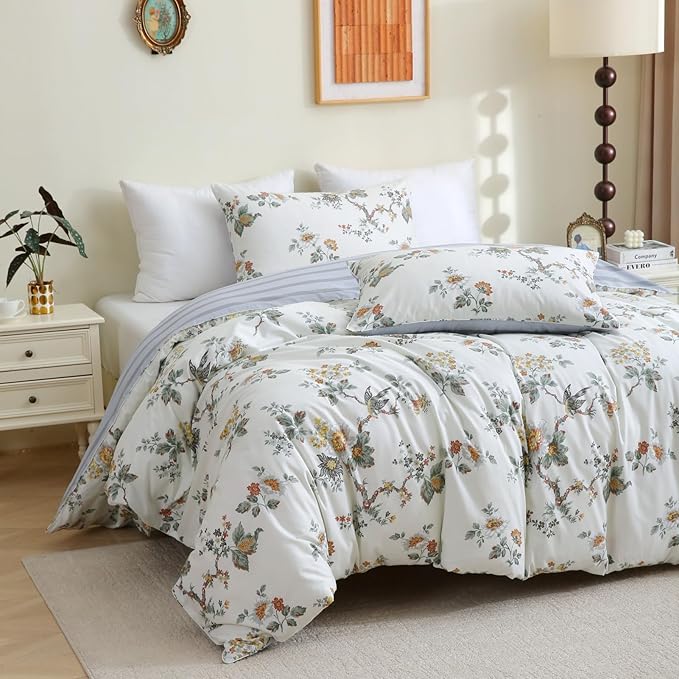 ABREEZE Floral Duvet Cover King Size Set Bird Flowers Bedding Set 100% Brushed Cotton Bedding Collection 1 Duvet Cover with 2 Pillowcases White-CasaMuseHome