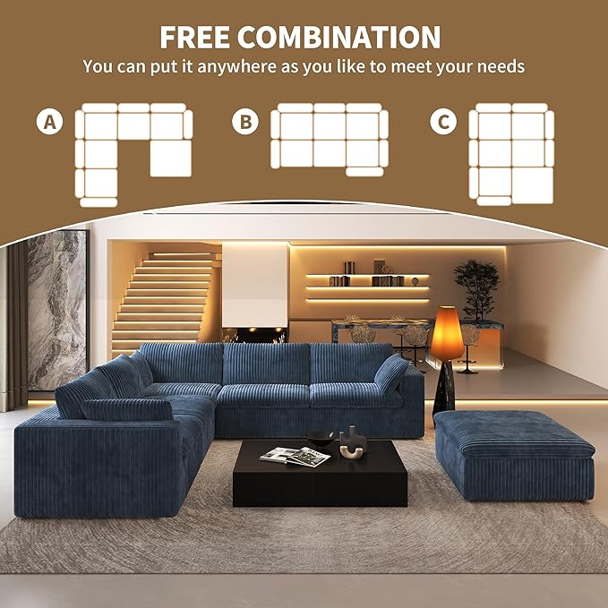 118" 6-Seater Cloud Sofa,Modular Sectional Couch with Ottoman,Modern Deep Seat Upholstered Couches with Plush Corduroy Fabric for Living Room Furniture,Bedroom and Apartment,No Assembly Required,Blue-CasaMuseHome