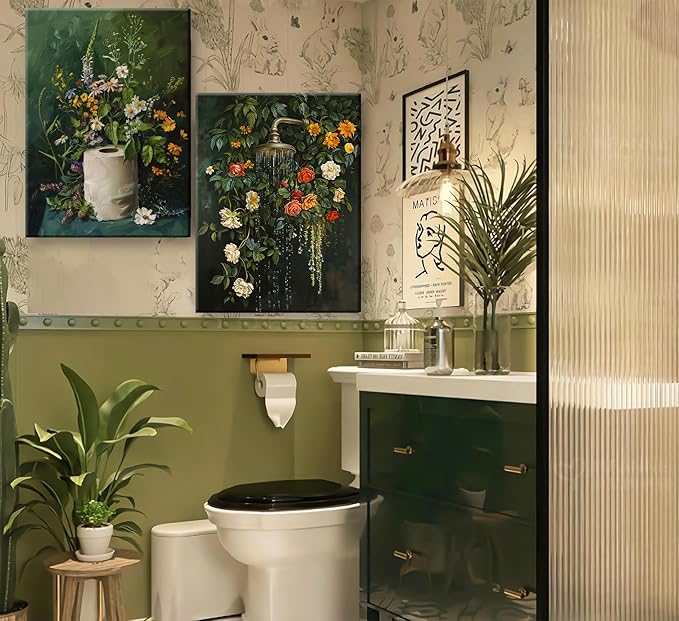 3Pcs Framed Vintage Dark Green Bathroom Wall Art Shower Toilet Paper Roll Floral Poster Print Modern Farmhouse plants Painting Picture Wall Decor For Bathroom Living Room Decoration-CasaMuseHome
