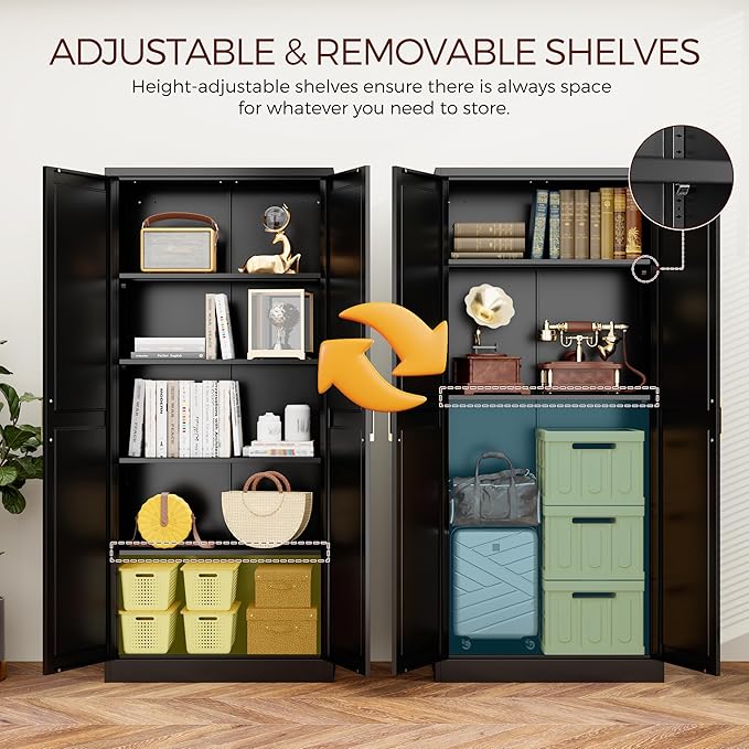 71" Tall Metal Pantry Cabinet, Black Kitchen Pantry Storage Cabinet with 4 Adjustable Shelves and Gold Handles, Cupboard for Kitchen, Dining Room, Living Room, Bathroom-CasaMuseHome