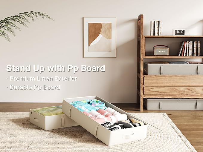 2-Pack Under Bed Storage Containers, 8 Inches Tall Underbed Clothes Storage Organizer Bin with Sturdy Sidewalls/Bottom, Under the Bed Storage Bags 2 Storage Bins, Beige-CasaMuseHome