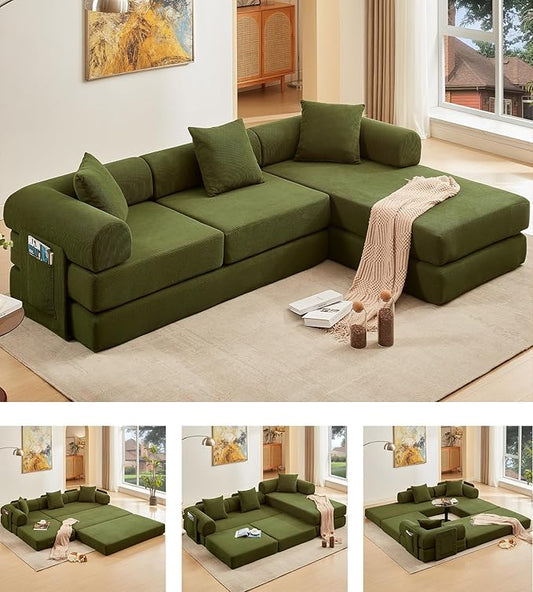 107" Oversized Convertible Sleeper Sofa Bed, Corduroy L Shape Sectional Couch, Folding Sofa Bed with Side Pocket, Modern Cloud Floor Mattress Couch, Modular Sofa for Living Room, Green-CasaMuseHome