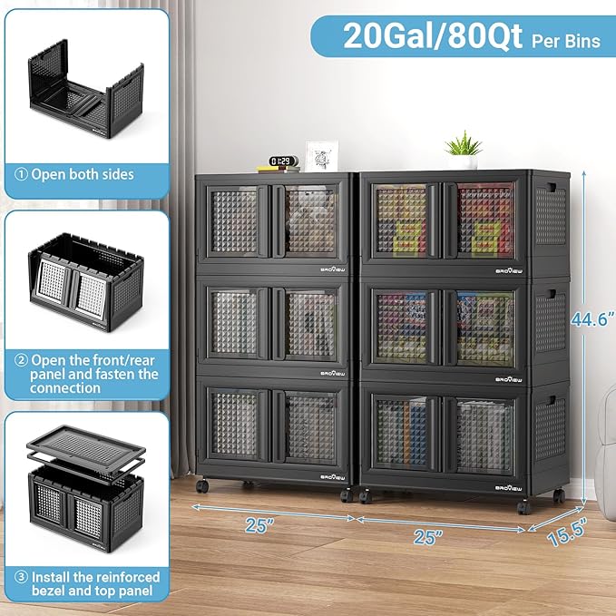 600Qt Stackable Storage Bins with Lids, 150Gal Closet Organizers and Storage Drawer, Plastic Collapsible Storage Bins with Doors, Heavy Duty Store Box Cabinet for Home Kitchen, 6Pack Black-CasaMuseHome