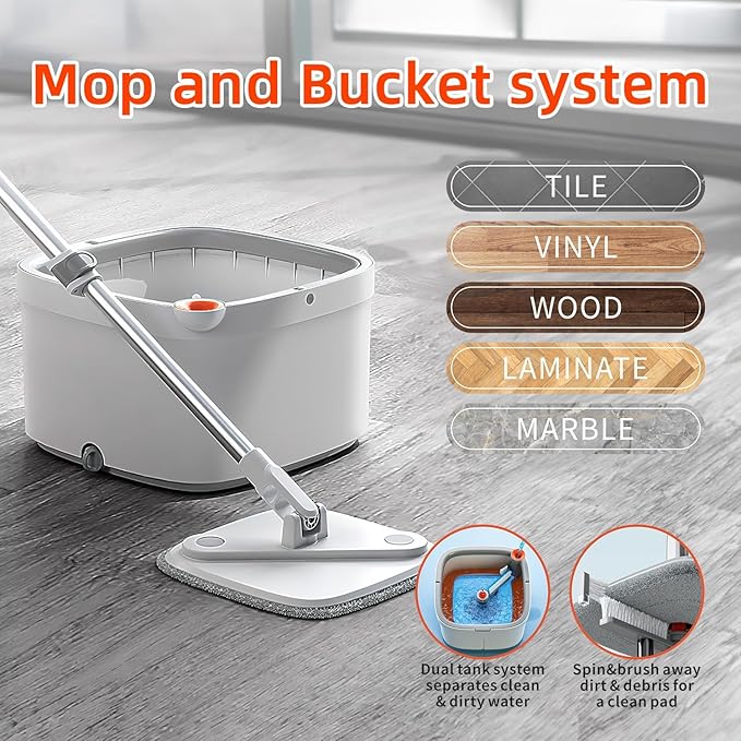 KZKR Spin Mop and Bucket Set with Self Separation Dirty and Clean Water System, Self Wringing 360° Rotating Square Mop Head for Home Floors Cleaning (1.0 Mop and Bucket Set (10 Pads))