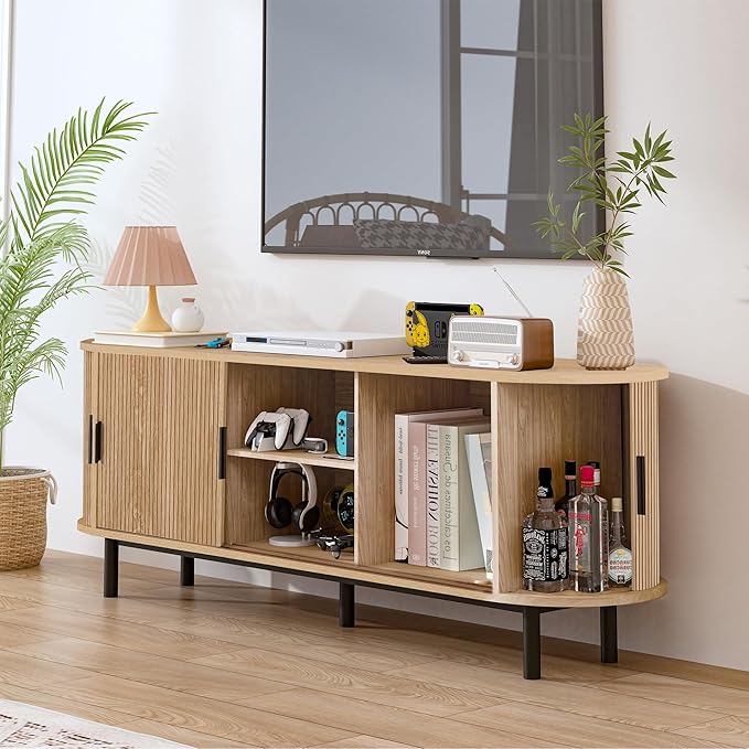 62" Tambour Door TV Stand,Wood Mid Century Modern TV Cabinet for Up to 75“ TV,Curved Edge Long TV Stand with Storage for Bedroom Living Room (Natural, 62.2inch)-CasaMuseHome