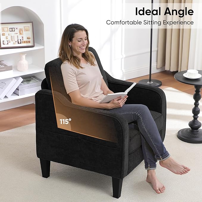 Accent Chairs Set of 2, Upholstered Living Room Chairs with Side Pockets, Mid Century Modern Reading Chair for Bedroom, Comfy Armchair Single Sofa Side Chair for Office, Small Room, Black-CasaMuseHome