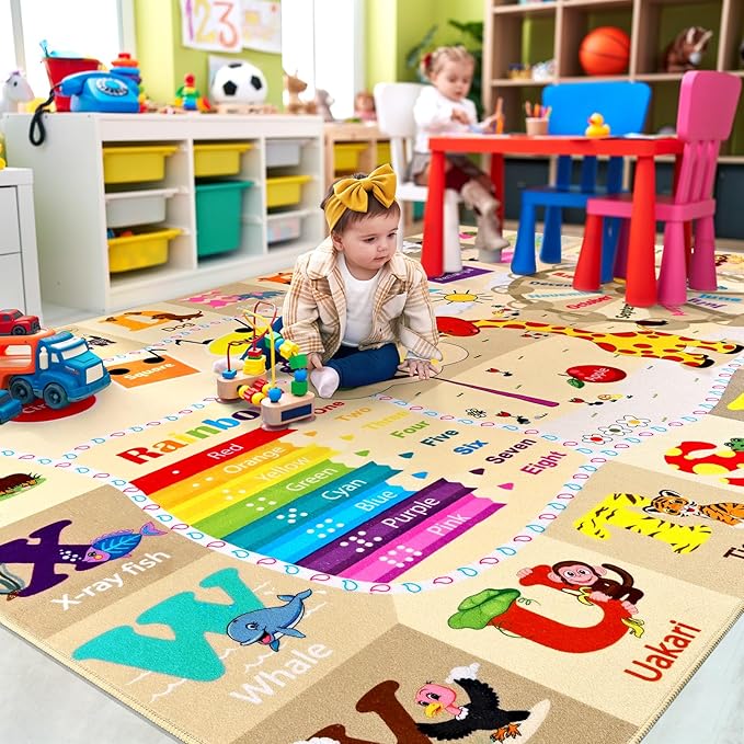 7x10 Playroom Rugs for Kids Washable, Educational and Fun Playmat with ABC Alphabet Animals Shapes Colors, Non-Slip Play Mat Learning Rug for Baby Toddler Children Game Activity，Beige, Pink-CasaMuseHome