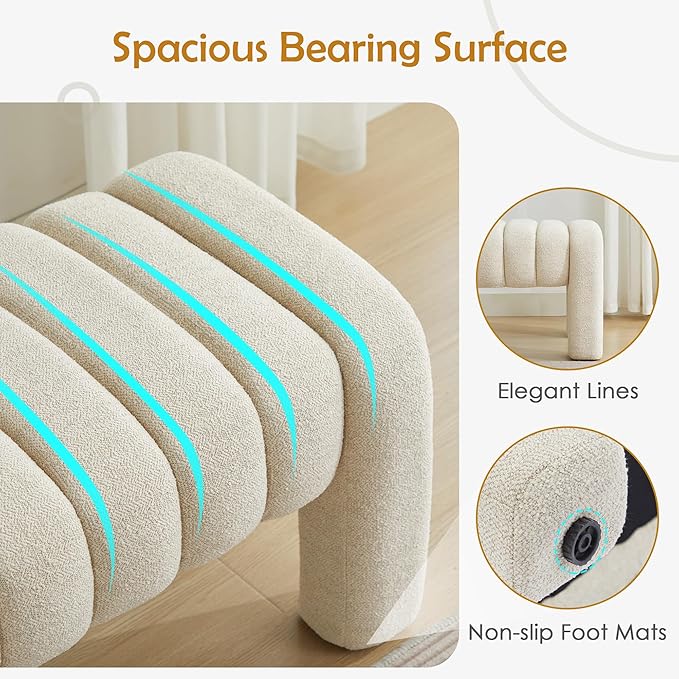 63" Bedroom Bench, Upholstered Entryway Bench, Modern End of Bed Ottoman with Solid Wood Legs and Adjustable Foot Pegs for Entryway, Dining Room and Living Room (Beige Linen)-CasaMuseHome