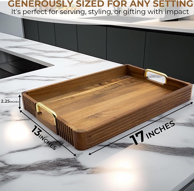 Acacia Wood Serving Tray with Metal Handles – 17x12in Rustic Decorative Ottoman & Coffee Table Tray for Breakfast in Bed, Dinner, Bar, Kitchen, Home Décor & Entertaining-CasaMuseHome