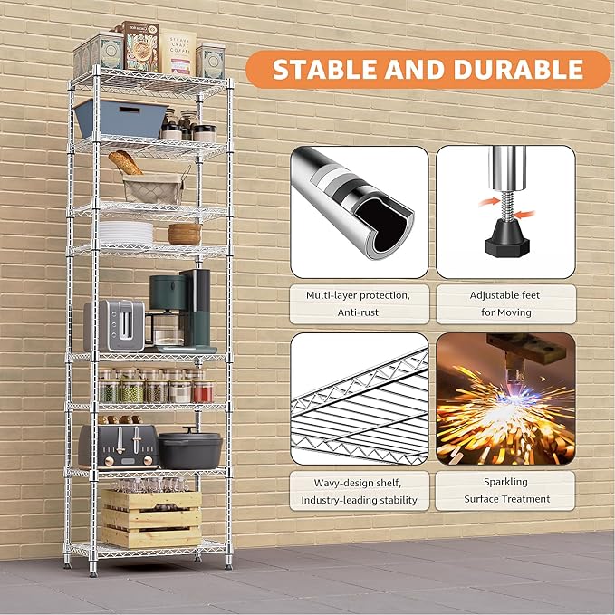 8 Tier 2000 lbs Storage Rack Metal Wire Shelving Unit, Storage Standing Shelf Organizer for Laundry Bathroom Kitchen Pantry Closet Garage Utility Room, Chrome 13.8" D x 23.6" W x 79.5" H-CasaMuseHome
