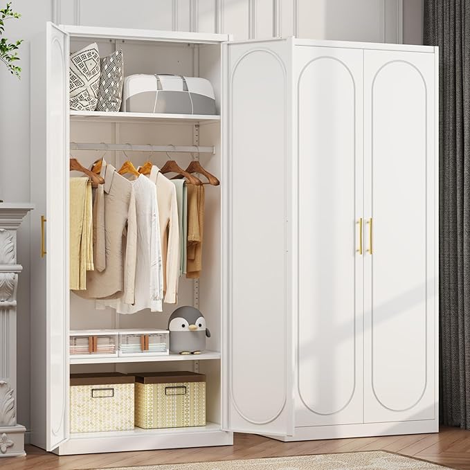 71" White Wardrobe Closet with 2 Doors, Metal Armoire Wardrobe Cabinet with Hanging Rod and Adjustable Shelves, Clothing Storage Cabinets for Bedroom, Laundry Room, Home Office-CasaMuseHome