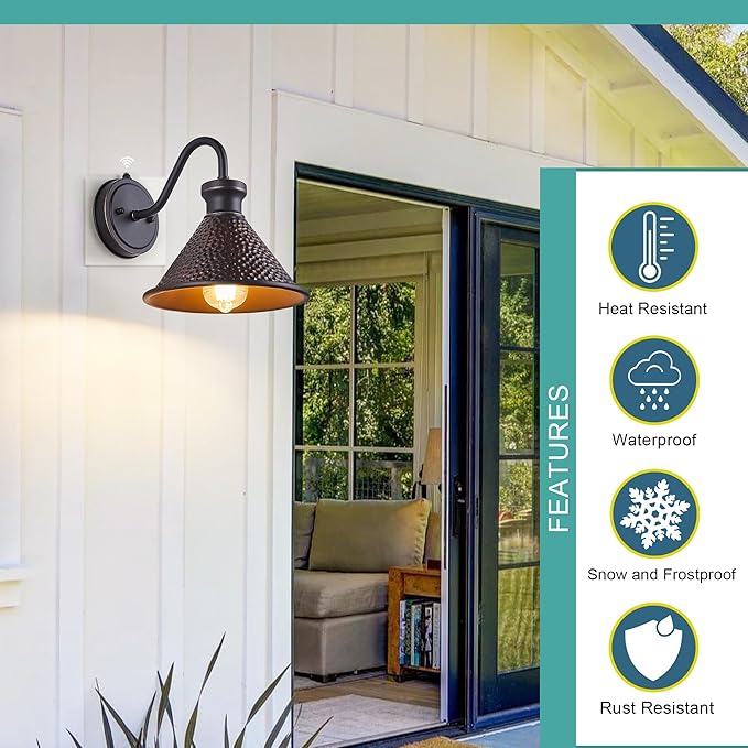 2 Pack Dusk to Dawn Outdoor Wall Light Fixtures Photocell Sensor, Exterior Sconce Light with Cast Hammered Aluminum Shade, Outside Wall Mount Lamp for House Patio Garage Entryway Doorway-CasaMuseHome