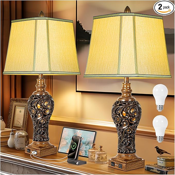 32'' Tall Rustic Vintage Table Lamps Set of 2 with Night Lights - Bedside Lamp with Faux Silk Shades for Bedroom and Living Room with 2 USB Charging Ports,Rustic Lamps for Living Room(Bulb Included)-CasaMuseHome