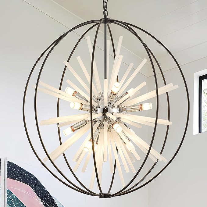 31.5" Black Chrome 16-Light Globe Sputnik Chandelier Modern Adjustable Hanging Ceiling Glass Tube Pendant Light Fixture for Entryway Foyer Stairway Dining Living Room Hallway-CasaMuseHome