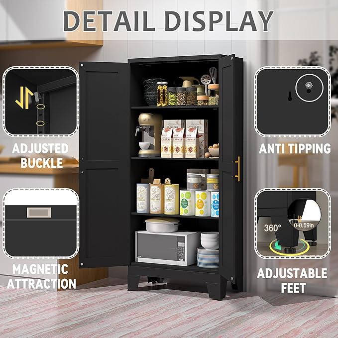 61.02" Kitchen Pantry Cabinet, Pantry Storage Cabinet with 2 Doors and Adjustable Shelves, Black Food Storage for Kitchen, Living Room, Bedroom and Dining Room (Black) Metal Sideboard-CasaMuseHome