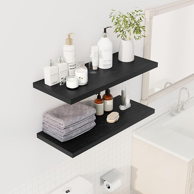 32" Floating Shelves for Wall, 12" Deep Slim Black Floating Shelves, Wall-Mounted Shelves for Bedroom, Living Room, Kitchen, Bathroom - Set of 2-CasaMuseHome