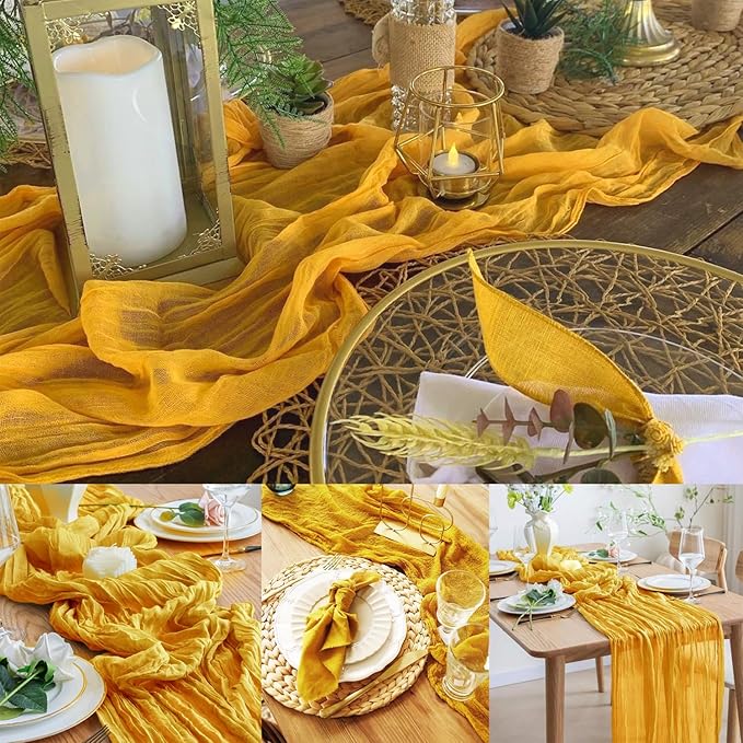 6 Pack Mustard 10FT Cheesecloth Table Runner Rustic Gauze Fabric Cheese Cloth Table Runner for Wedding Bridal Baby Shower Table Decor Boho Sheer Birthday Party Table Decorations 20 x 120 Inch Long-CasaMuseHome