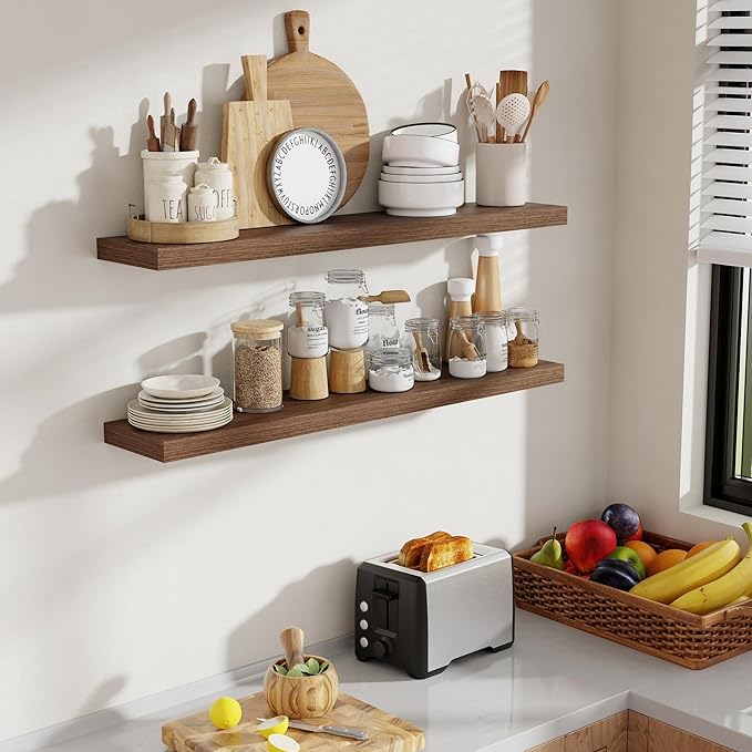 40 Inch Floating Shelves, 8 Inch Deep Floating Shelves for Wall, Hanging Shelf with Invisible Brackets, Deep Shelves for Bathroom, Bedroom, Living Room, Walnut, Set of 2-CasaMuseHome