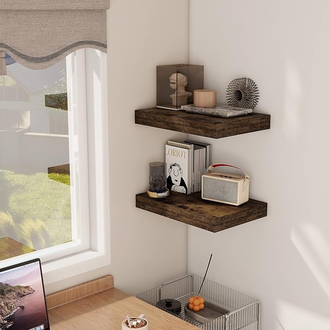 12 Inch Deep Floating Shelves, 16 x 12 Floating Shelf for Books, Rustic Wood Deep Wall Shelves for Home Storage & Display, 2" Thicked Shelves for Kitchen, Living Room, Bedroom, Rustic Brown, 2 Pack-CasaMuseHome