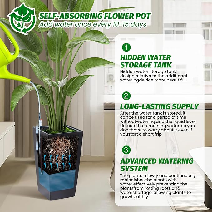 16" Tall Planters Set of 2, Outdoor＆Indoor Black Planter Pots, High Front Porch Planter Pots with Drainage Holes＆Water Level Monitor＆Inner Bucket, Automatic Watering,Black-CasaMuseHome