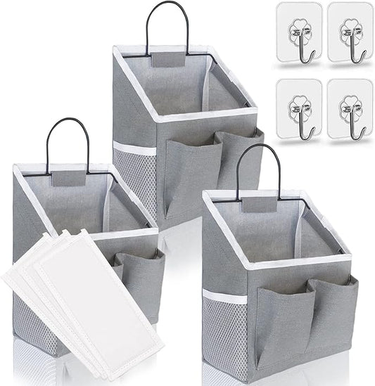 3pcs Small Wall Hanging Organizer Bag, Linen Fabric Door Hanging Storage Basket with Pockets, Waterproof Bin for Kitchen, Bedroom, Office, RV Camper (Gray)-CasaMuseHome