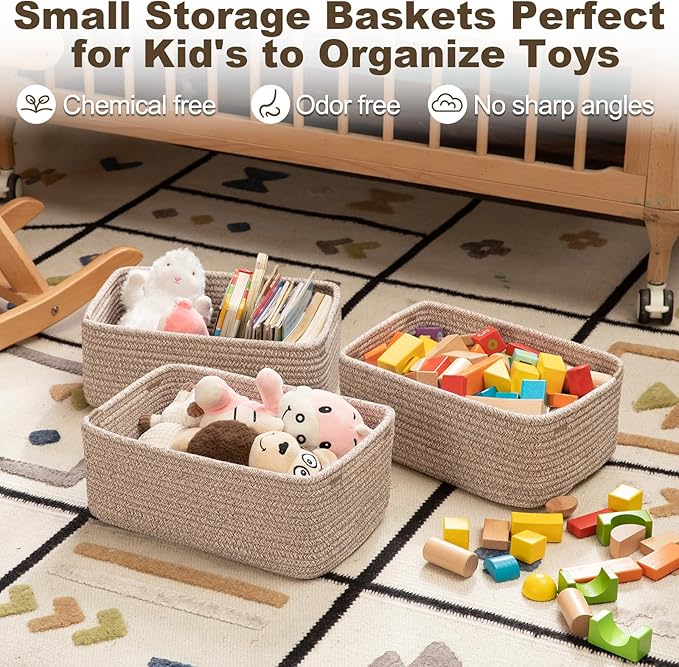 3 Pack Small Storage Baskets for Organizing, Cute Woven Decorative Gift Baskets for Shelves, Mini Closet Organizer Bins with Handles-13''Lx8.66''Wx5.11''H-Brown-CasaMuseHome
