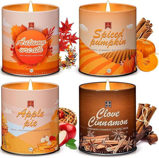 4 Pack Scented Fall Candles Set, 36oz Aromatherapy Soy Wax Candles for Home Scented, Halloween House Warming Gifts Birthday Candle for Women Halloween Apple Pie/Autumn Wreath/Cinnamon/Pumpkin Candle-CasaMuseHome