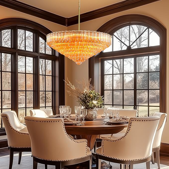 30" Modern Dining Room Chandeliers, 13-Light Amber Crystal Chandeliers, Dimmable Blown Glass Chandelier for Living Room, Round Glod Large Chandelier for High Ceiling, Bedroom, Entryway, Staircase-CasaMuseHome