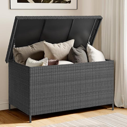 158 Gallon XL Deck Box with Lid, All Weather Wicker Outdoor Storage Box Waterproof, Large Outdoor Patio Storage Bin for Cushions, Garden Tools, Gears, Pool Accessories, Black-CasaMuseHome