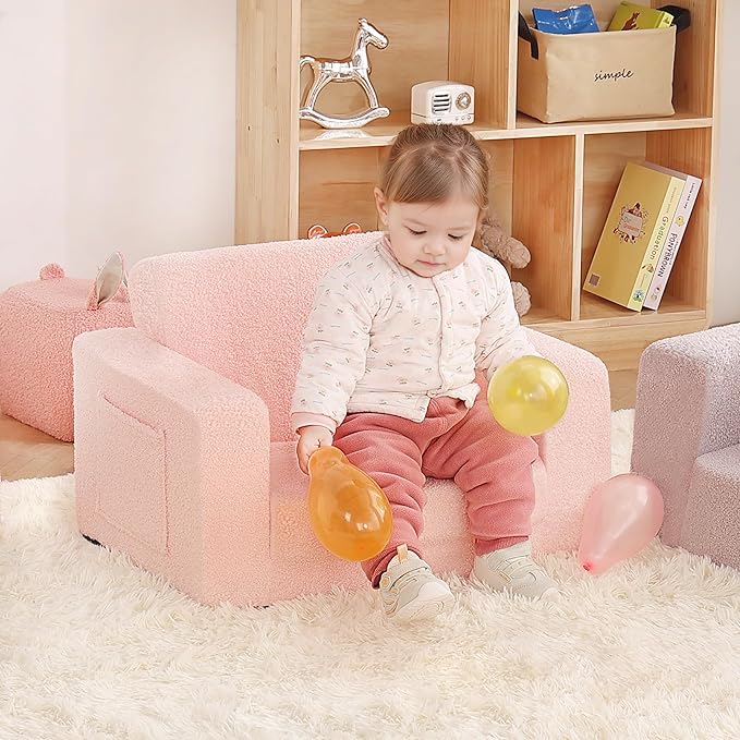 2-in-1 Toddler Chair Sherpa Couch - Soft Kids Lounger for Bedroom, Convertible Sofa for Girls and Boys, Reading Chair, Pink-CasaMuseHome