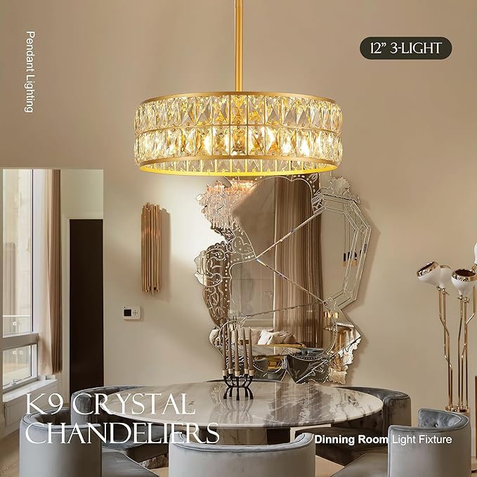 16” 4-Light Modern Crystal Chandeliers Gold Dinning Room Light Fixture, Round Pendant Light Kitchen Island Chandelier, Flush Mount Ceiling Light for Living Room Entryway Bedroom Foyer-CasaMuseHome