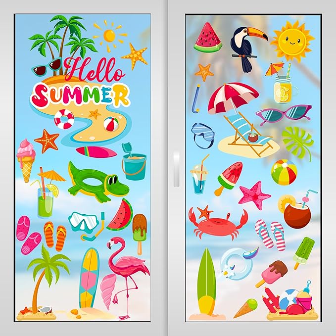 9 Sheets Summer Window Clings, Double Sided Summer Window Clings for Glass Windows, Hello Beach Decals, Sun Watermelon Pattern Stickers for Home Office Accessories Decorations-CasaMuseHome