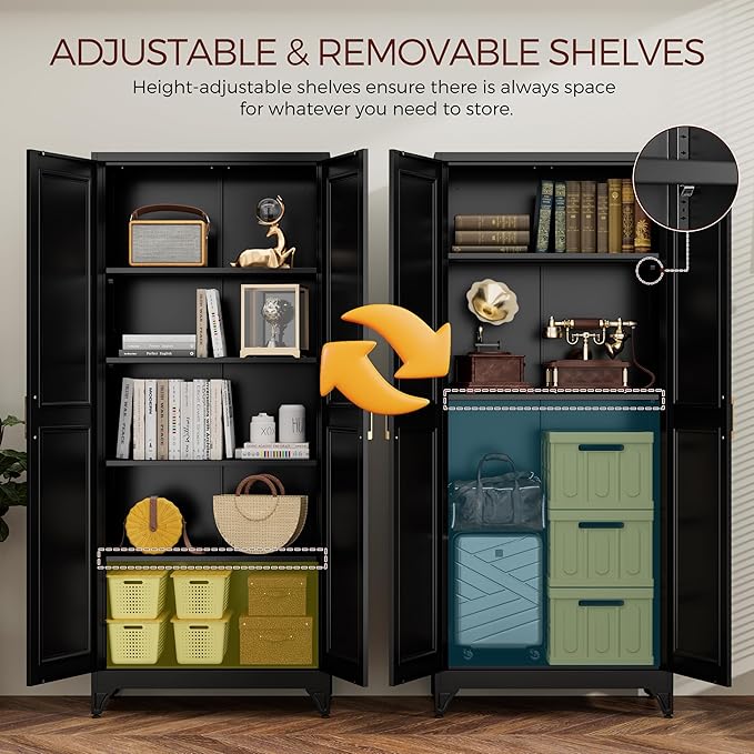 75" Kitchen Pantry Cabinet, Black Metal Storage Cabinets with 2 Doors and 4 Adjustable Shelves, Tall Pantry Storage Cabinet for Kitchen, Dining Room, Living Room-CasaMuseHome