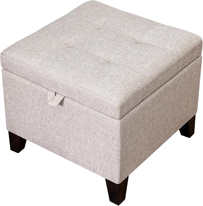 Adeco 18 Inch High Cube Ottoman Storage, Linen Chair Foot Stools, Upholstered Vanity Stool with Hinged Lid, Solid Wood Legs (Beige Grey)-CasaMuseHome