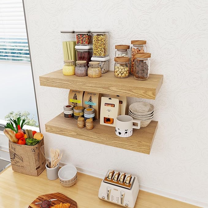 12 Inch Deep Floating Shelves, 24 x 12 Floating Shelf for Books, Rustic Wood Deep Wall Shelves for Home Storage & Display, 2" Thicked Shelves for Kitchen, Living Room, Bedroom, Oak Color, 2 Pack-CasaMuseHome