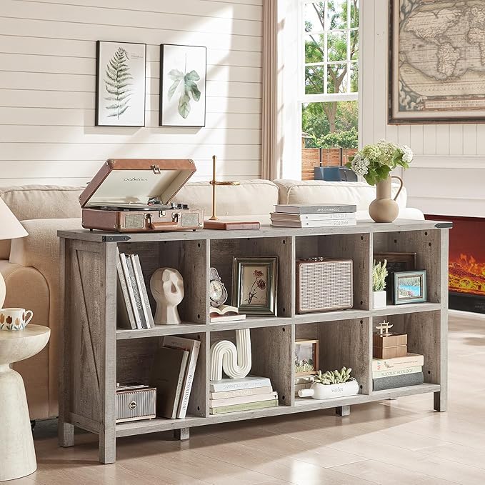 8 Cube Book Shelf, Farmhouse Wood Long Storage Organizer Bookcase, 62" Horizontal Grey Oak Console Closet Bookshelf, Hallway TV Stand for Entryway, Display Cabinet Book Case for Living Room-CasaMuseHome