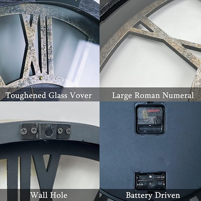 30 Inch Industrial Steampunk Wall Clock, Gray, Battery Operated, Real Rotating Gears, Solid Wood Frame, Oversized Wall Clock for Living Room Decor-CasaMuseHome