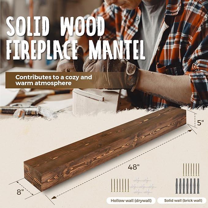 48x8x5 Fireplace Mantel - Handcrafted Hollow Rustic Solid Wood Wall Mounted Floating Shelf with Invisible Heavy Duty Wood Bracket (Weathered Brown)-CasaMuseHome