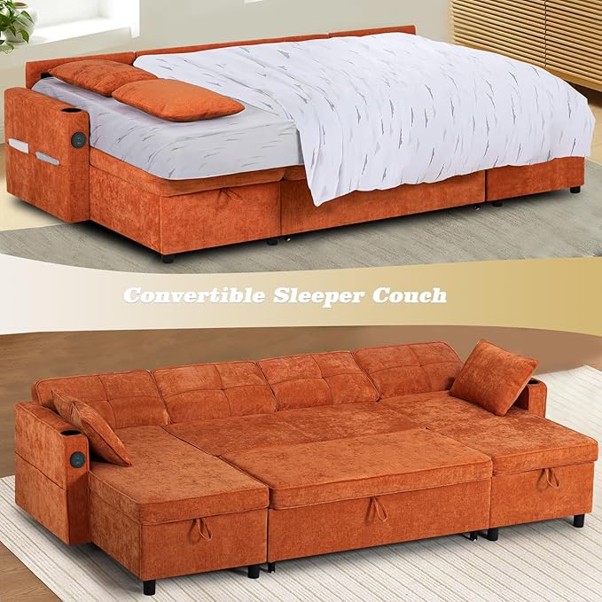 ACMEASE110“ Inches L-Shaped Pull Out Sofa Bed w/Storage Chaise & Adjustable Back, Chenille Sectional Sofa w/USB Port,Tufted Sleeper Couch w/Cup Holders for Living Room, Orange-CasaMuseHome