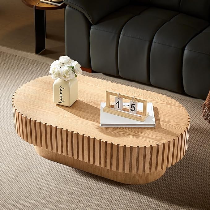 43.7" Oval Coffee Table for Living Room,Modern Handcraft Drum Coffee TableSmall Wooden Coffee Table with Sturdy Pedestal Easy Assembly for Office-Natural-CasaMuseHome