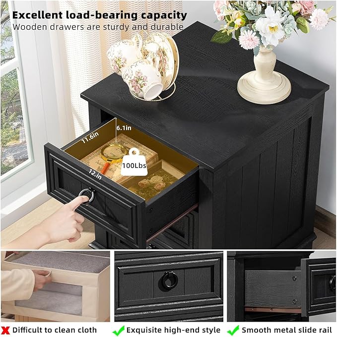 18" Night Stands Set of 2 with Charging Station, Farmhouse 2 & 3 Drawers End Table Dresser for Bedroom, Black Wooden Nightstand, Bed Side Table with Open Shelf, Bedside Cabinet for Living Room-CasaMuseHome