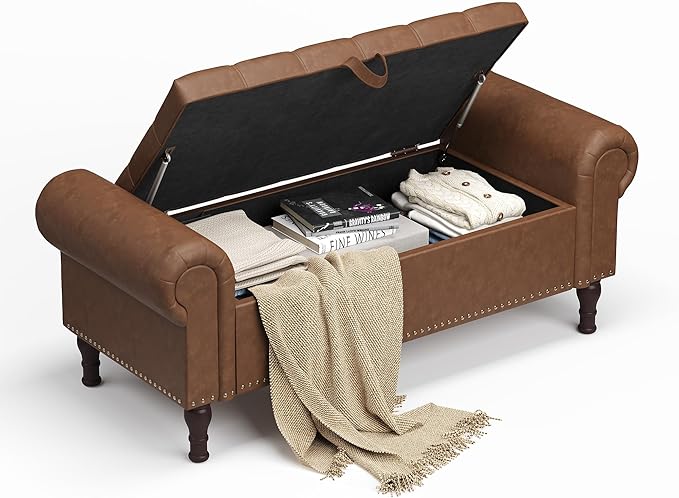 51" Storage Ottoman Bench for Bedroom, Full Queen Storage Bench with Button, Upholstered Bedroom Bench with Rolled Arms for Living Room, Storage Room, Entryway, Brown-CasaMuseHome