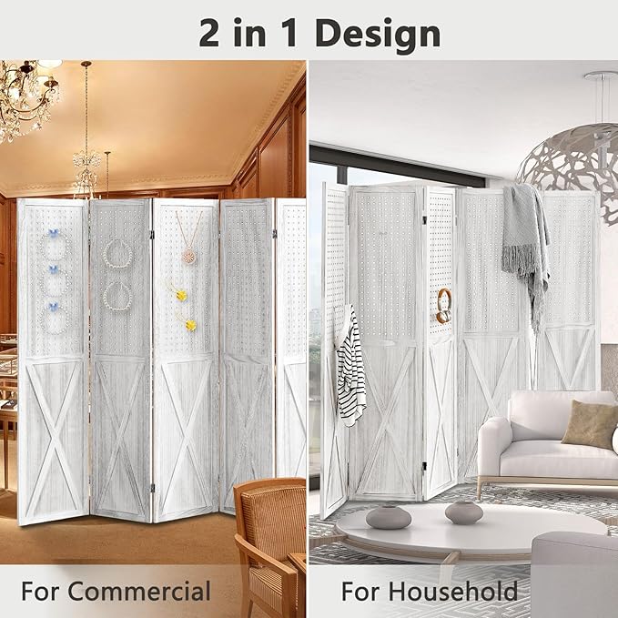 6 Panel Pegboard Room Divider, 5.6Ft Pegboard Display Folding Privacy Screens, Wood Room Divider Peg Board Display Freestanding for Trade Show Craft Show Home Wall Organizer, Retro White-CasaMuseHome