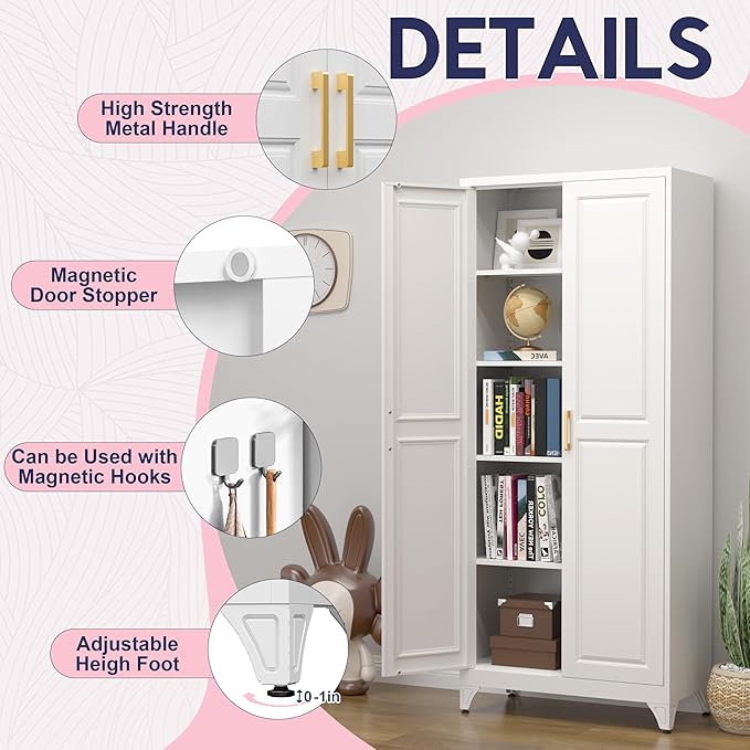 75" Storage Cabinet, Metal Pantry Cabinet, Kitchen Pantry Storage Cabinets with Doors and 4 Shelves, Cabinets for Laundry Room, Living Room, Dinning Room, Assembly Required, White-CasaMuseHome