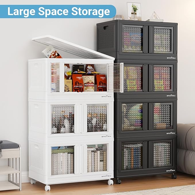 300Qt Stackable Storage Bins with Lids, 75Gal Closet Organizers and Storage Drawer, Plastic Collapsible Storage Bins with Doors, Heavy Duty Store Box Cabinet for Home Kitchen, 3Pack Black-CasaMuseHome